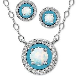 Sterling Silver Lab Opal (2 cts.) Necklace Earrings(2 Piece Set)CZ Halo Chic NWT